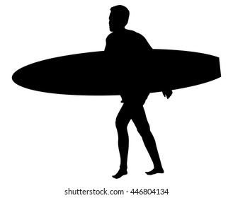 Surfer boy with board in hand vector silhouette illustration isolated on white background. Handsome lifeguard man walking with a surf board across the sea shore. Beach boy sport activity silhouette.