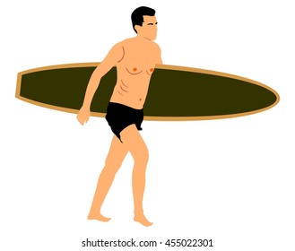 Surfer boy with board in hand vector illustration isolated on white background. Handsome lifeguard man walking with a surf board across the sea shore. Beach boy sport activity.