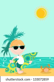 Surfer Boy Cartoon Cute kid (male) with surfboard under arm with beach and palm trees behind.