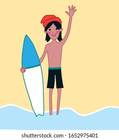 surfer boy holding a surf board on the sea beach.