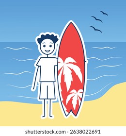 surfer boy holding a surf board on the sea beach, cartoon vector illustration