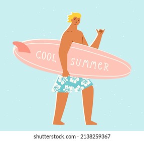 Surfer boy holding a surfboard and throwing the Hawaiian shaka sign. Vector illustration of summer vacation concept in trendy retro style. 