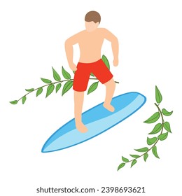 Surfer boy icon isometric vector. Sportsman surfer on surfboard and green branch. Summer sport, winner