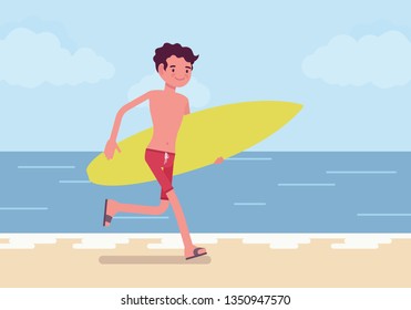 Surfer boy on a beach. Young sporty man on a sea shore with a surfboard running to ride on a wave, happy active guy enjoys extreme sport on holiday, recreational summer activity. Vector illustration