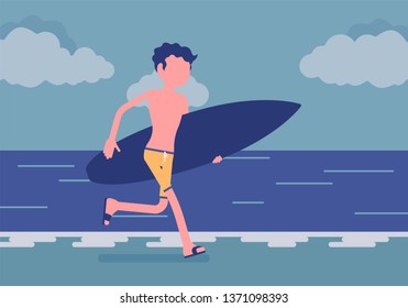 Surfer boy on a beach. Young sporty man on a sea shore with a surfboard running to ride on a wave, active guy enjoys extreme sport on holiday, summer activity. Vector illustration, faceless character
