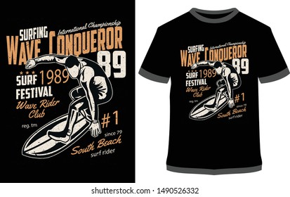 Surfer Boy playing waves on the ocean - Wave Conqueror.- Typography, T-shirt Graphics, For Sticker Or Printing For The T-shirt