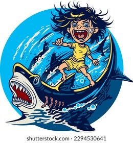 Surfer Boy Riding a Shark. Vektorgrafik