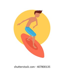Surfer boy riding a surfboard. Vector illustration.