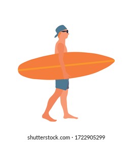 
Surfer boy in trendy flat style isolated on white background. Vector simple illustration. A man with a surfboard in his hands. Young tanned guy in blue shorts, glasses and a cap for surfing.