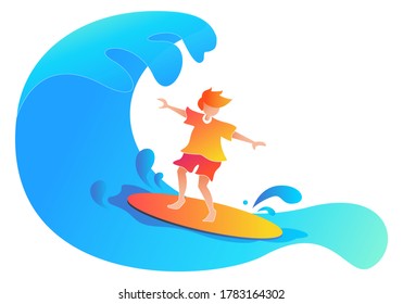 Surfer boy vector illustration of young man at surfboard on ocean wave, summer vacations sport activity, Surfing illustration vector on isolated with background for landing page, web page, poster.