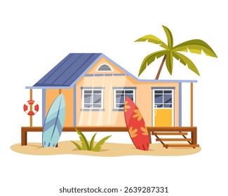 Surfer bungalow or summer hut. Vector beach house. Cartoon shore or coastal architecture exterior or outdoor view. Marine shack or cabana with surfboard. Summerhouse. Tropical island vacation.