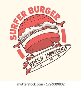 Surfer Burger character vector illustration. Fast food, restaurant, business, branding design concept