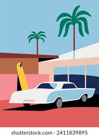 Surfer car on the beach. Summer postcard.   Vector illustration. Poster, drawing. Resource for brand identity, social networks, presentations.