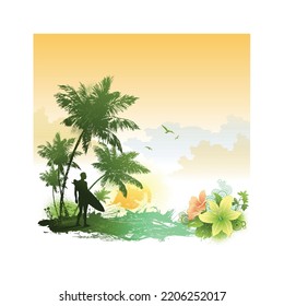 Surfer carrying surfboard on beach. Abstract background. Grunge background. 