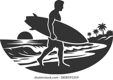 Surfer carrying surfboard walking along tropical beach at sunset silhouette