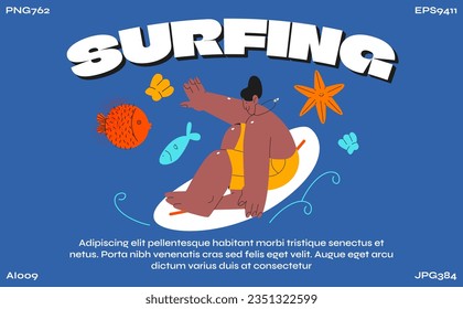 Surfer cartoon character in the sea and ocean in the style of the 90s. Fashion poster. Surfboard, kite surfing, water sports in beachwear. Hippie vector illustration