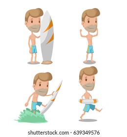 Surfer Cartoon Guy Character Set Vector