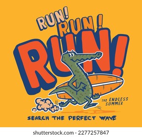 surfer cartoon running crocodile vector design
