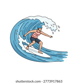 Surfer Carving Wave Motion, Dynamic Ocean Ride Illustration
