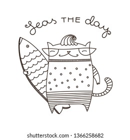 Surfer cat with surfboard card. "Seas the day" hand lettered quotation illustration.