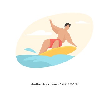 Surfer Catches Wave. Active Rest With Extreme Water Jumping. Guy On Board Deftly Maneuvers Between Waves Sea. Outdoor Sports And Tourist Entertainment. Vector Flat Illustration Isolated