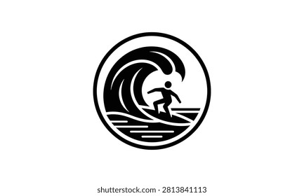 Surfer catching big wave inside circular frame emblem silhouette.