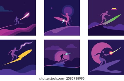 a surfer catching a glowing neon wave under a purp