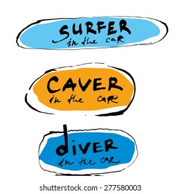 Surfer, caver, diver handwritten calligraphic stickers (poster, leaflet, T-shirt design)
