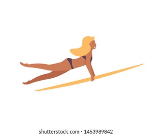 Surfer character pretty girl isolated on white background. Summer surface water sport. Flat vector illustration.