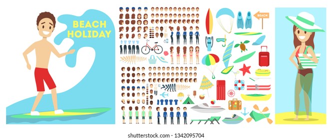 Surfer character set for the animation with various views, hairstyle, emotion, pose and gesture. Summer beach and vacation, surfboard. Flat vector illustration
