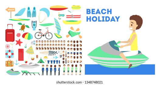 Surfer character set for the animation with various views, hairstyle, emotion, pose and gesture. Summer beach and vacation, surfboard. Flat vector illustration