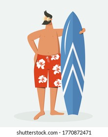 Surfer character with surfboard. Overweight man in swimming trunks in flowers and sunglasses. Beach water sport flat character design on surfing. Man on surfing vacation. Surf travel