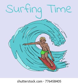 Surfer character with surfboard standing and riding on ocean wave. Hand drawn vector illustration