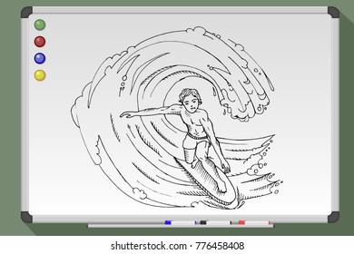 Surfer character with surfboard standing and riding on ocean wave. Hand drawn vector illustration