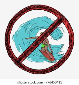 Surfer character with surfboard standing and riding on ocean wave. Hand drawn vector illustration