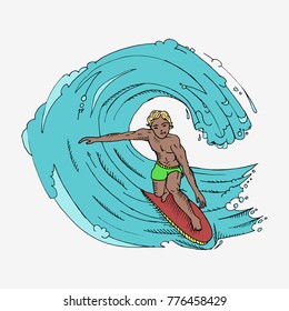 Surfer character with surfboard standing and riding on ocean wave. Hand drawn vector illustration