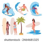 Surfer character.People in swimwear surfing in sea or ocean. Bundle of happy surfers in beachwear with surfboards isolated on white background. Colorful flat cartoon vector illustration.