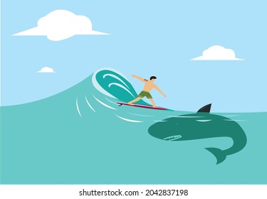 Un encuentro cercano de surfistas con un tiburón. Imágenes prediseñadas editables.