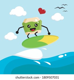 Diseño de la impresión de coco surfista. Ilustración vectorial corta con cielo azul claro aislado