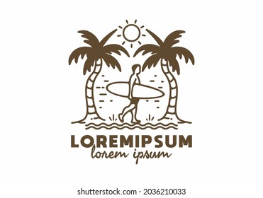 Surfer and coconut tree line art with lorem ipsum text design