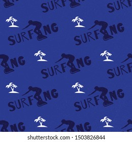 surfer and coconut tree seamless pattern with dark blue grunge background 01