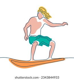 Surfer continuous line colourful vector illustration