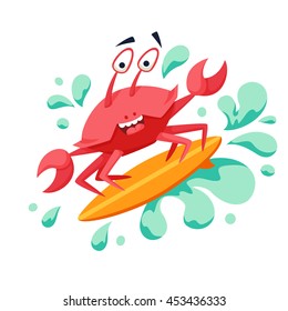 Surfer cool crab on wave. Surfing monsters. Fun print vector illustration. Comic sea character on surfboard. Water sports kid poster. 