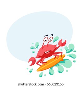 Surfer cool crab on wave. Fun print with cute monsters vector illustration. Comic sea character on surfboard. Water sports