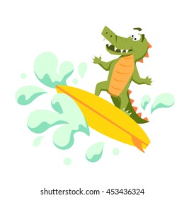Surfer cool crocodile on wave. Surfing monsters. Fun surf print vector illustration. Comic sea character on surfboard. Water sports kid poster.