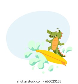 Surfer cool crocodile on wave. Fun print with cute monsters vector illustration. Comic sea character on surfboard. Water sports 