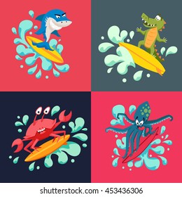 Surfer cool monsters on wave. Surfing shark, octopus, crocodile, crab. Fun print with cute animals vector illustration. Comic sea character. Water sports kid poster. Ride athletes