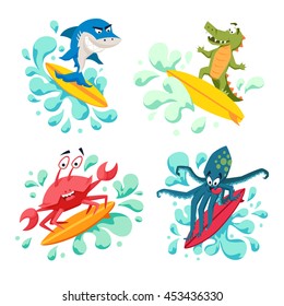 Surfer cool monsters on wave. Surfing shark, octopus, crocodile, crab. Fun print with cute animals vector illustration. Comic sea character on surfboard. Water sports kid poster. Ride athletes