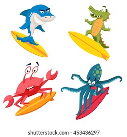 Surfer cool monsters. Surfing shark, octopus, crocodile, crab. Fun print with cute animals vector illustration. Comic sea character on surfboard. Water sports kid poster. Ride athletes