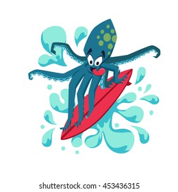 Surfer cool octopus on wave. Surfing monsters. Fun surf print vector illustration. Comic sea character on surfboard. Water sports kid poster. 